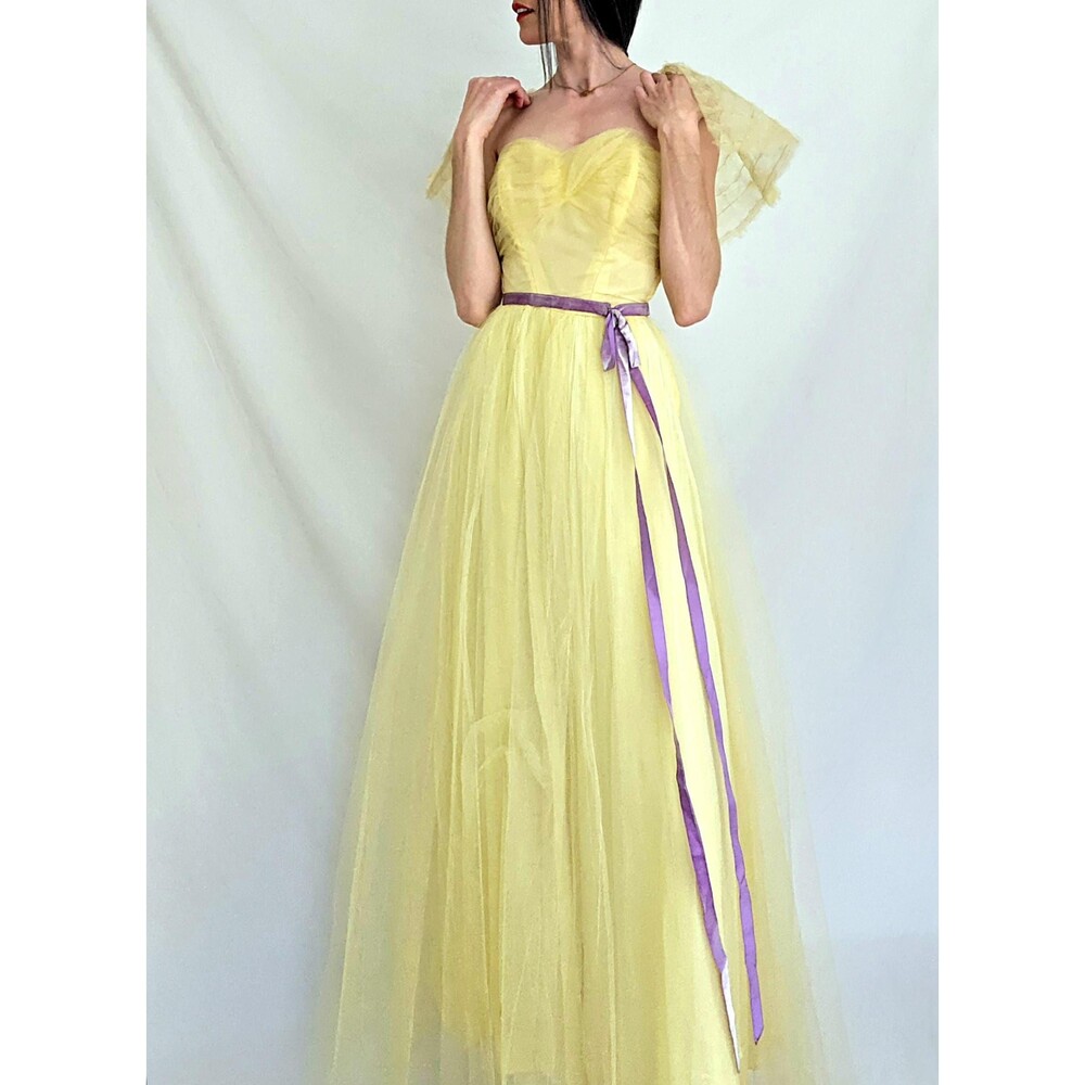 1940s Yellow Tulle Evening Gown: Vintage Prom, Bridesmaid Dress and Cape XXS